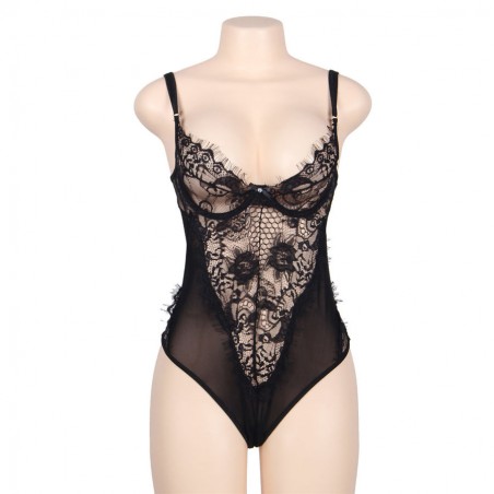 Imagen, teddy floral negro plus con encaje y flecos sexy, online