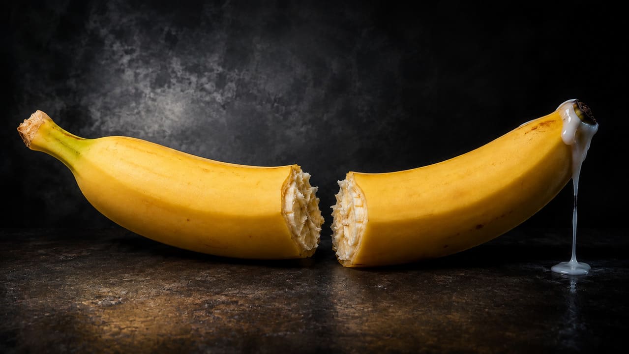 Plátano partido en dos mitades sobre fondo oscuro, como metáfora de la rotura de pene
